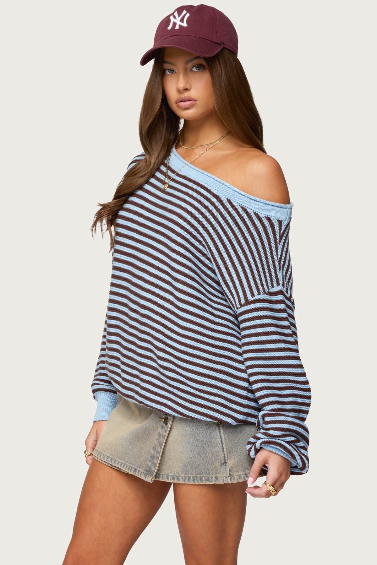Averi Striped Oversized Off Shoulder Sweater - 100% Cotton Knit