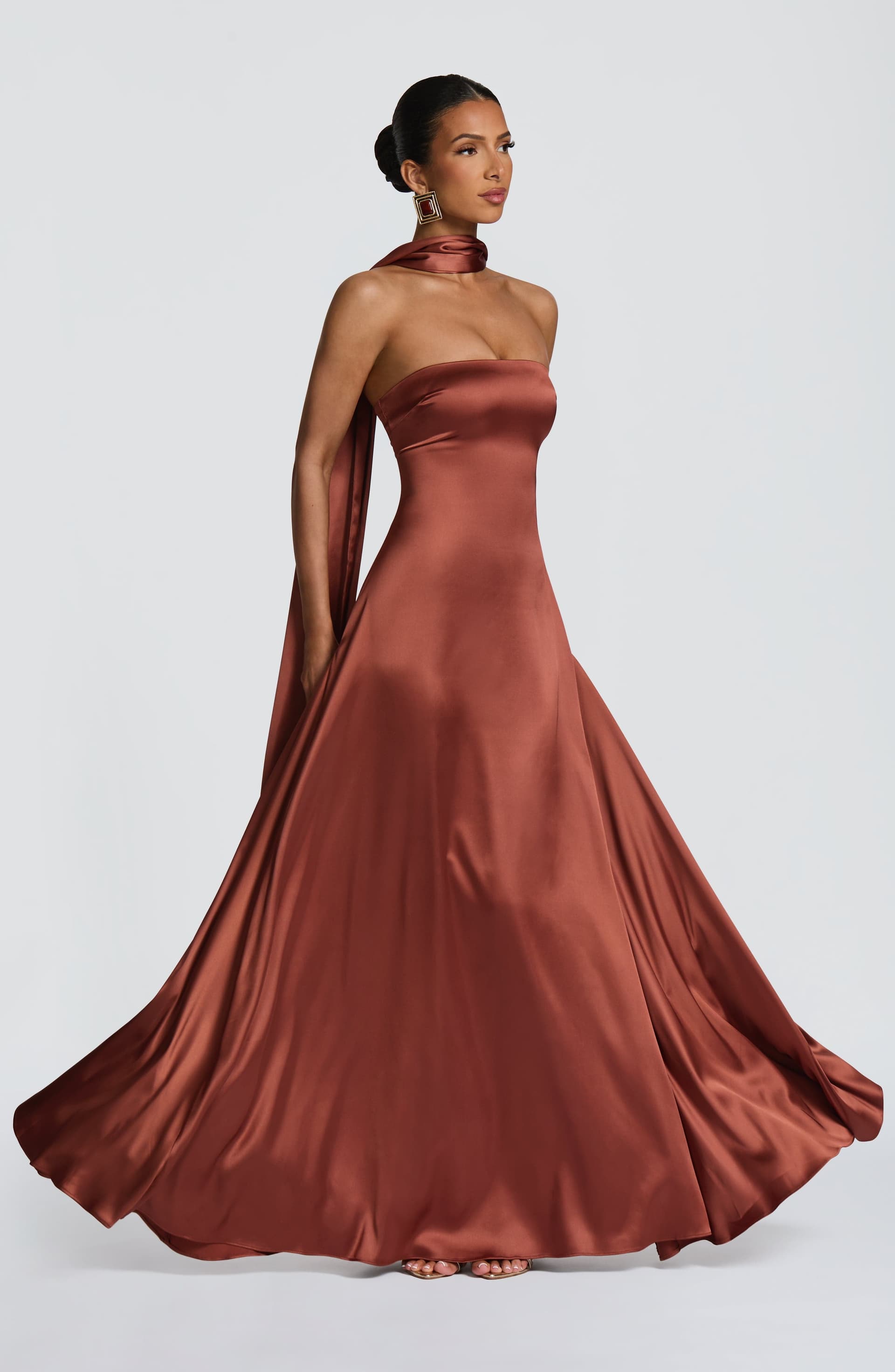 Morven Maxi Dress - Rust Satin Strapless A-Line Lace-Up Back