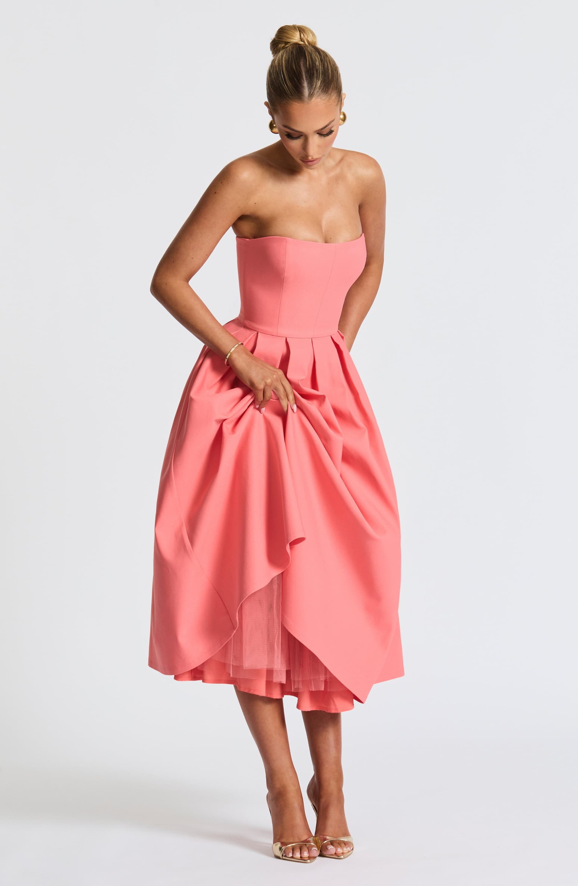 Edith Midi Dress Coral Pink Stretch Bengaline Strapless Pleated