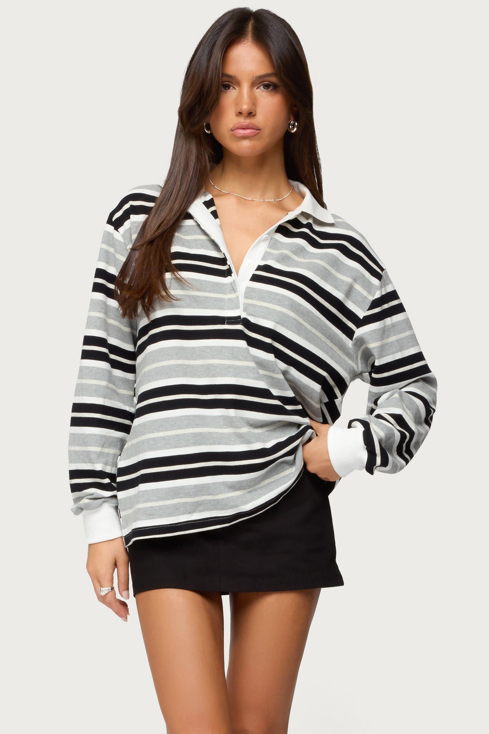 Renya Striped Rugby Shirt Long Sleeve Polo Cotton Rayon Spandex