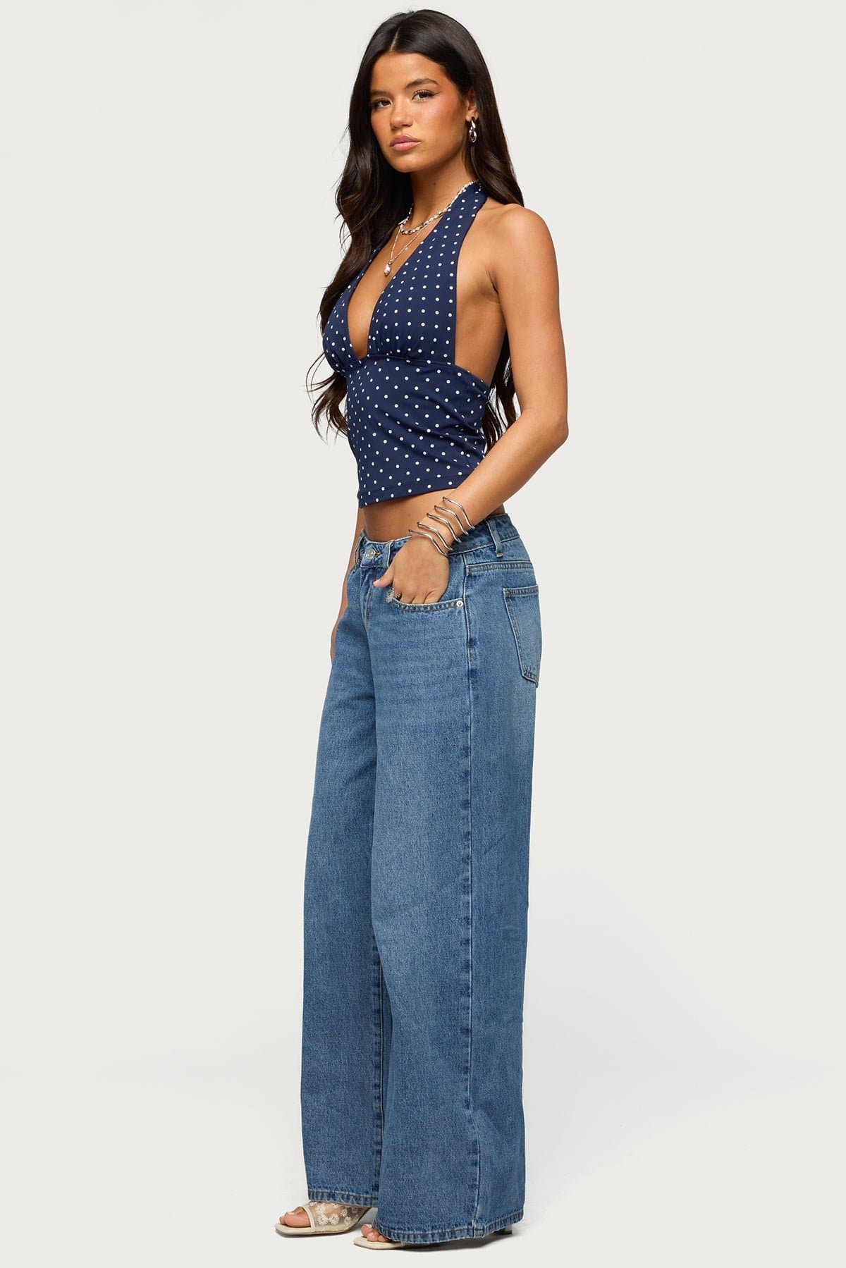 Blaire Polka Dot Halter Top - Plunging Neckline, Neck Tie Closure, Polyester Spandex