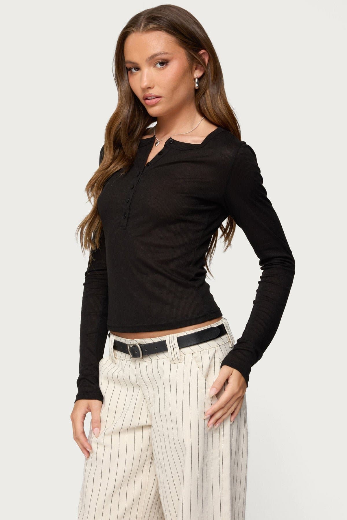 Nettie Ribbed Henley Top - Long Sleeve Rayon Polyester Women's Shirt