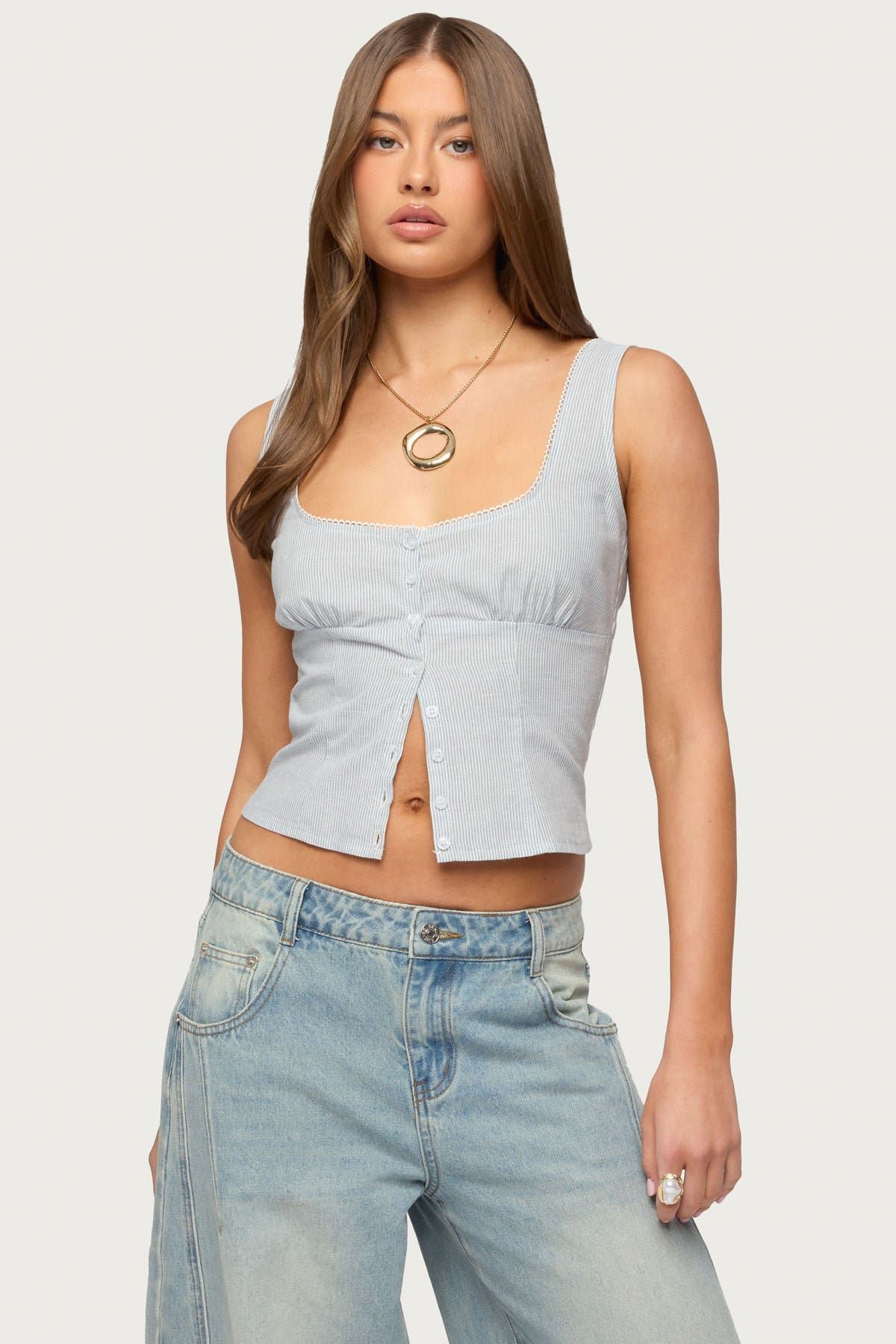 Katiya Pinstripe Button Up Top - Cotton Linen Smocked Back Frill Trim