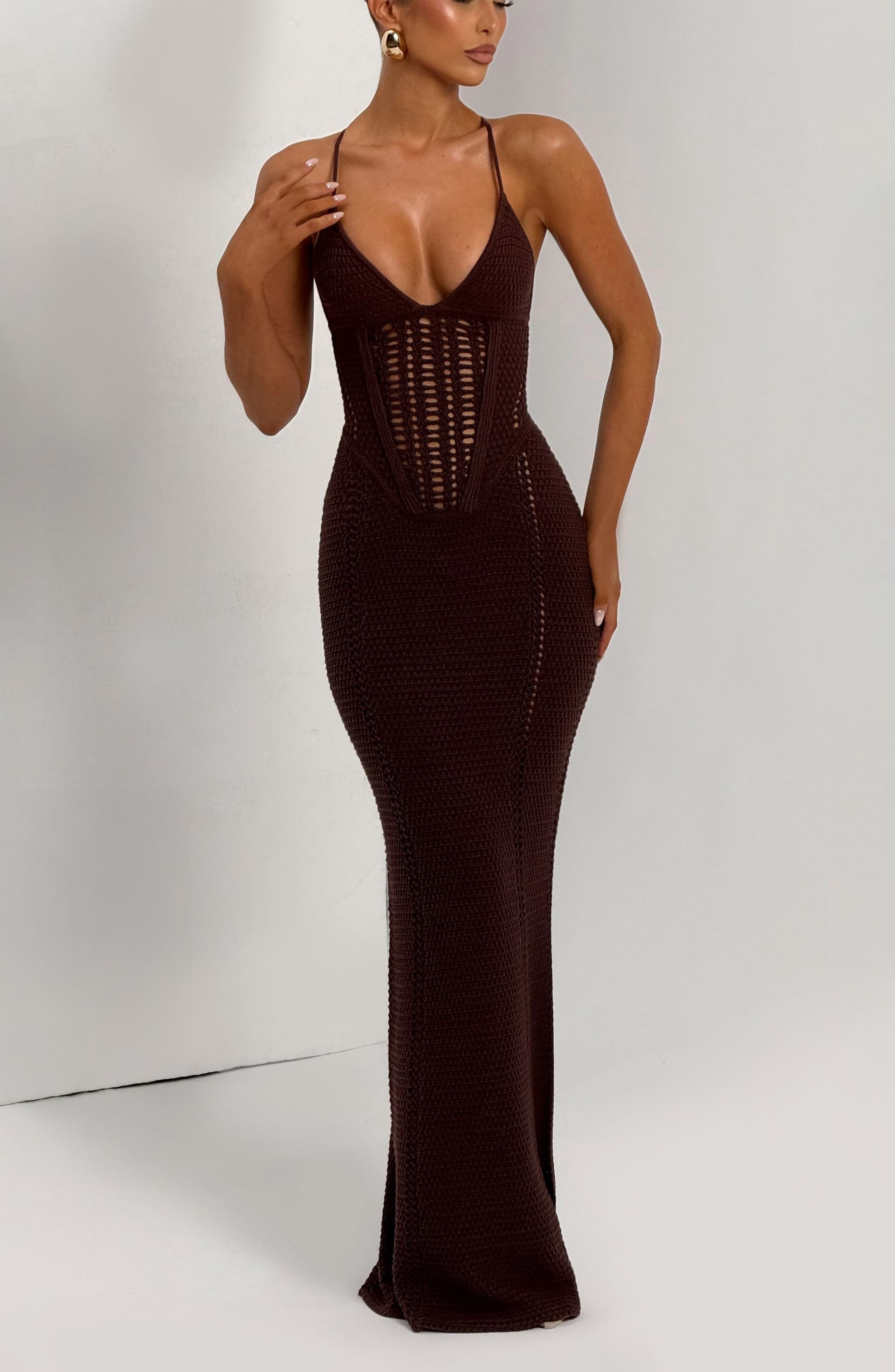 Xanthe Maxi Dress in Plum Brown - Faux Crochet Knit, Lace Up Back, Bodice Boning