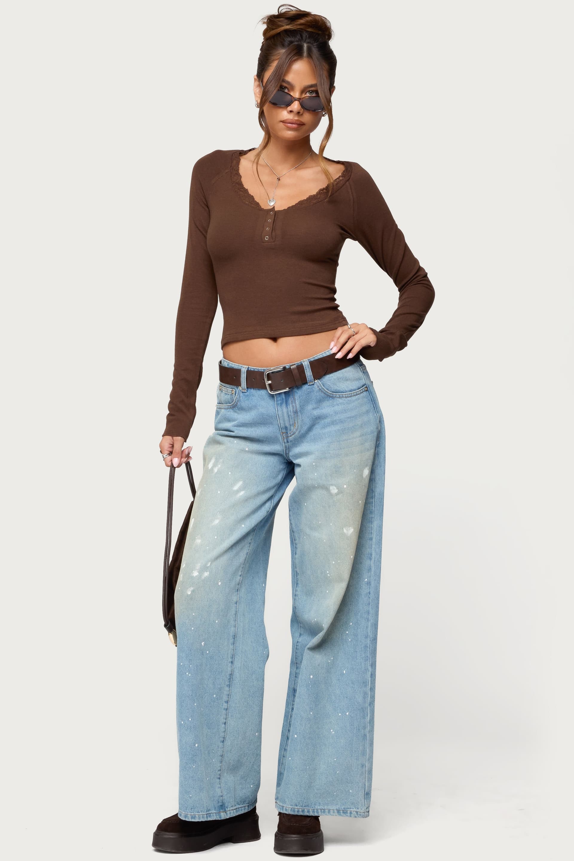 Shanah Lacey Henley Top - Long Sleeve Button Detail Lace Trim Rayon Cotton Blend