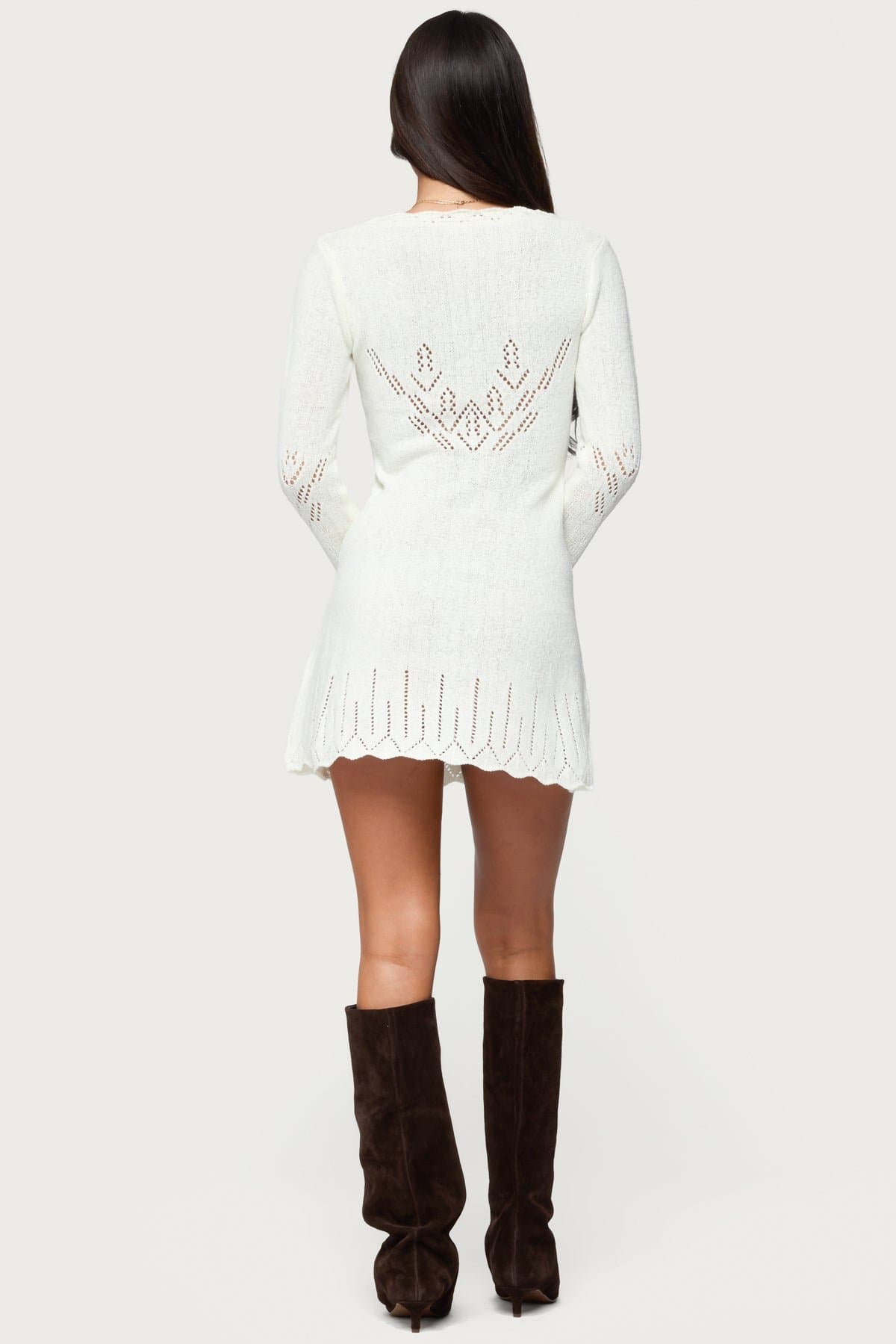Shaia Pointelle Knit Mini Dress with Long Sleeves and String Tie Detailing