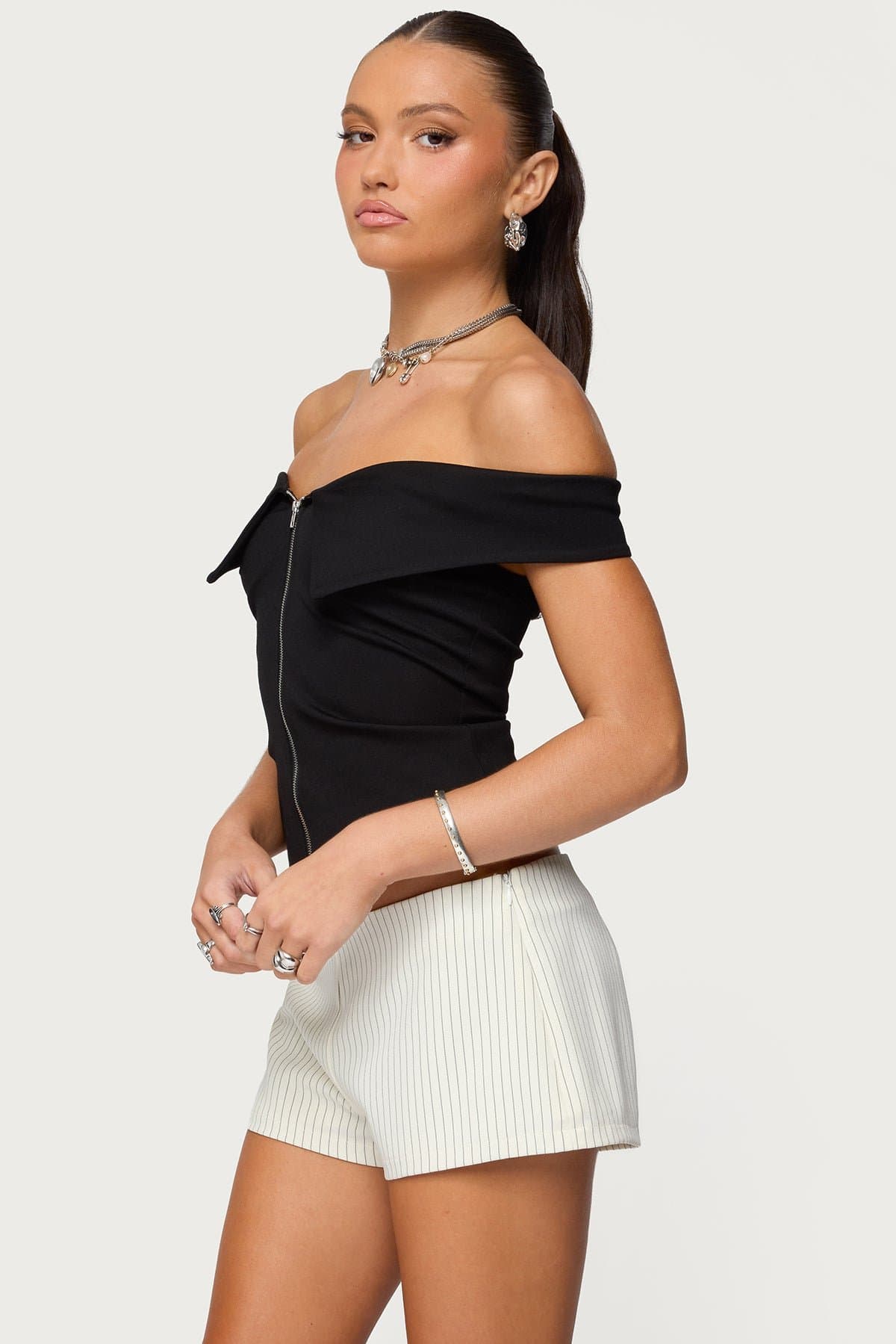 Collared Off-Shoulder Zip-Up Top in Rayon Nylon Spandex