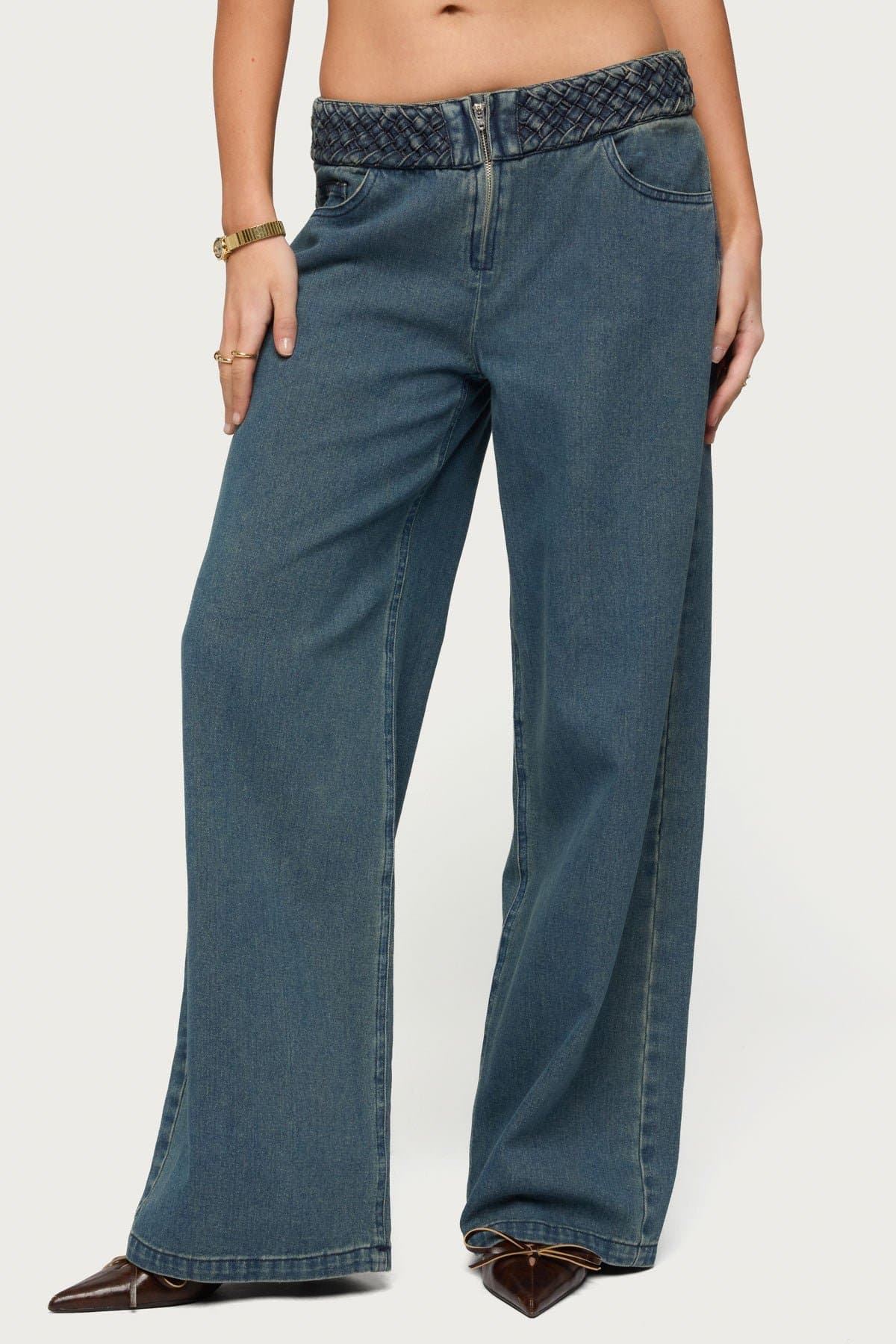 Braidey Low Rise Baggy Jeans - Rigid Cotton Denim with Braided Waistband