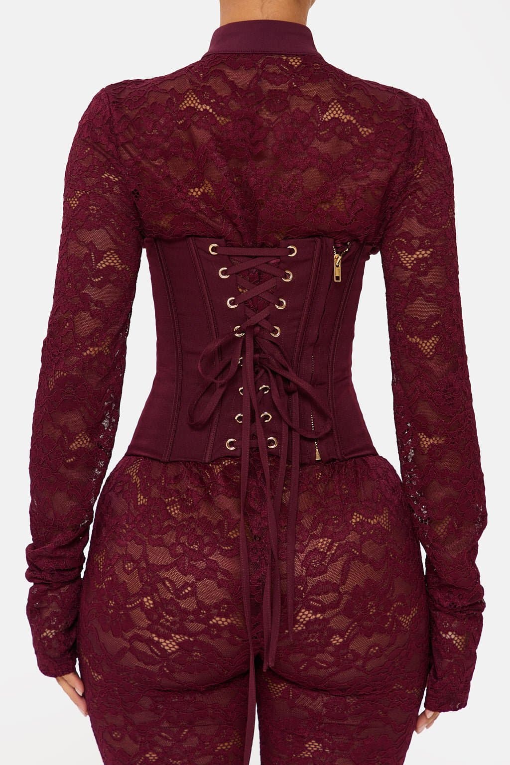 Jagger Long Sleeve Lace Capri Jumpsuit High Neck Keyhole Corset Back