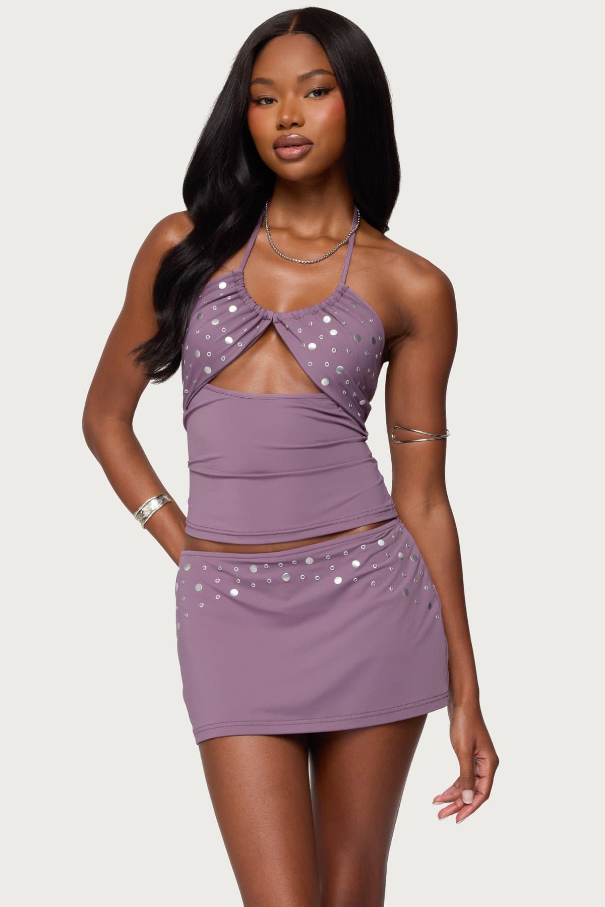 Luana Studded Cut Out Halter Top with Neck Tie and Gathered Details
