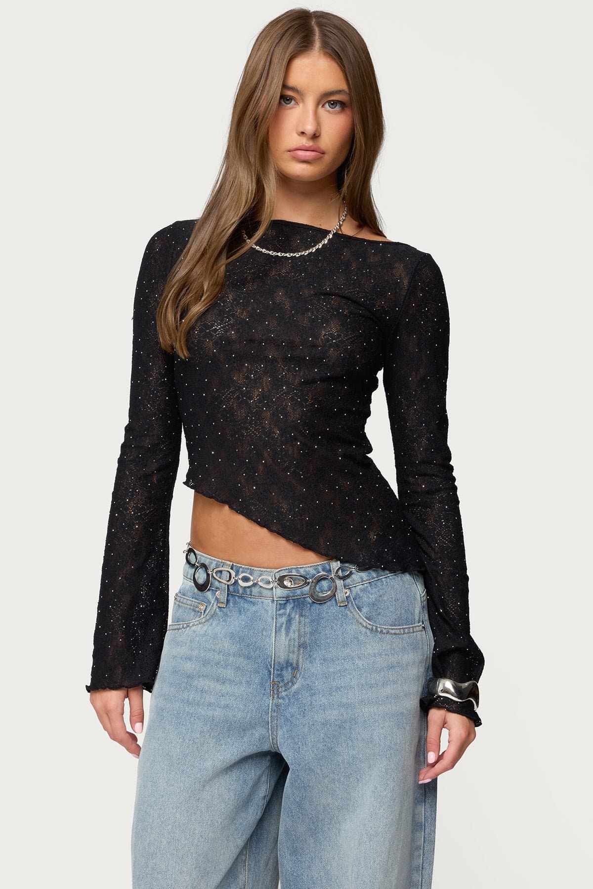 Mare Asymmetric Gem Sheer Lace Top - Bell Long Sleeves Boat Neck Polyester Spandex