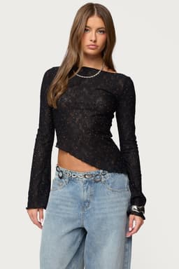 Mare Asymmetric Gem Sheer Lace Top - Bell Long Sleeves Boat Neck Polyester Spandex