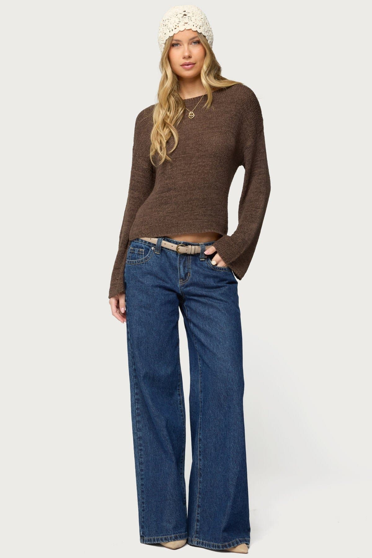 Drop Shoulder Light Knit Sweater - Relaxed Fit Polyester Rayon