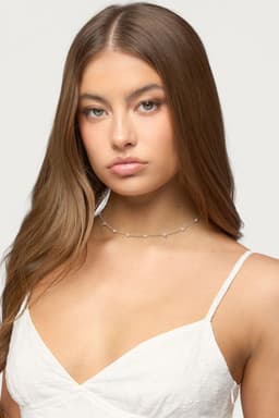 Spaced Out Pearly Necklace with Silver Tone Metal 14.2 Inch Length