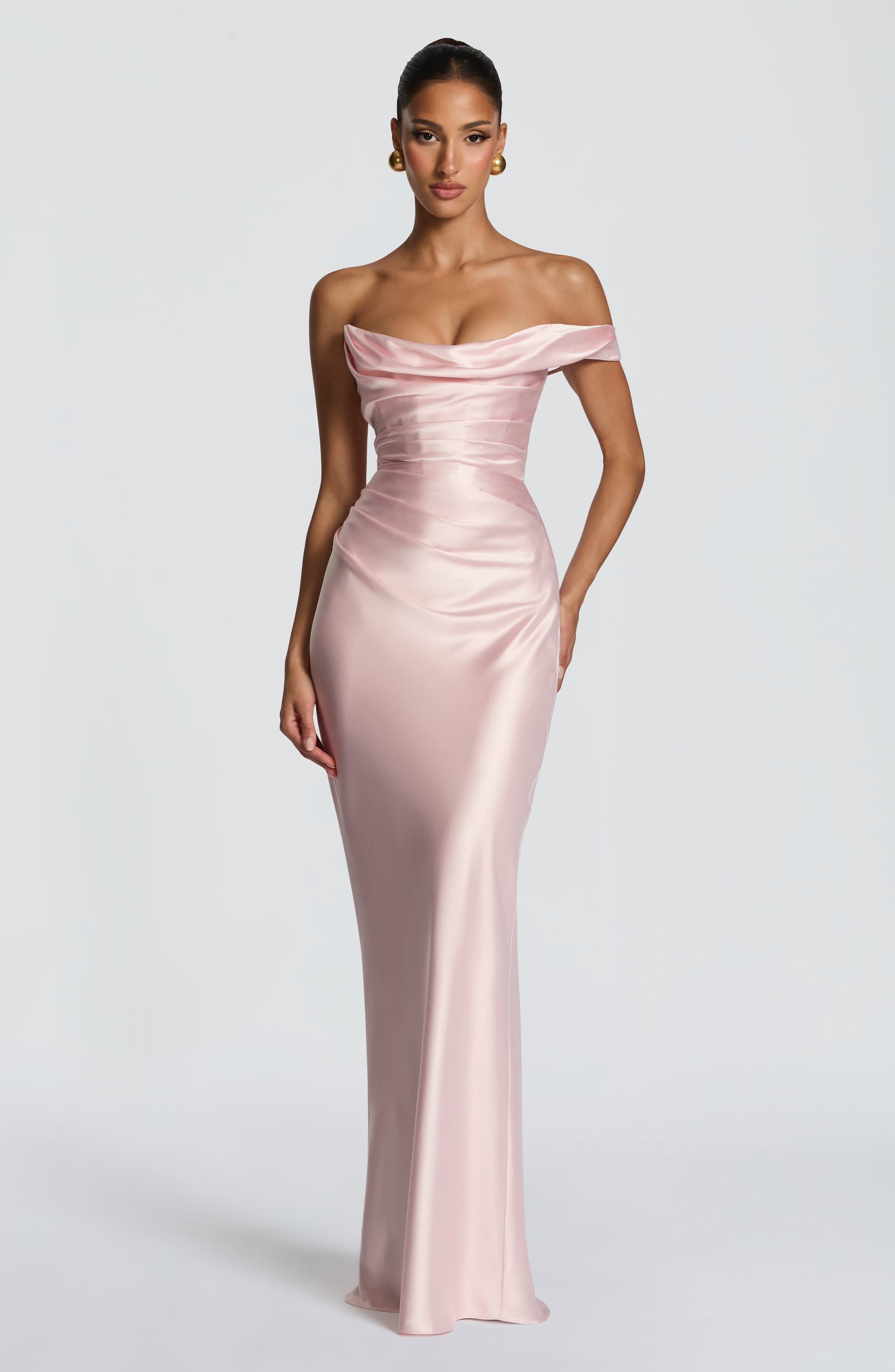 Thalassa Maxi Dress in Blush - Satin One Shoulder with Corset and Lace-Up Back