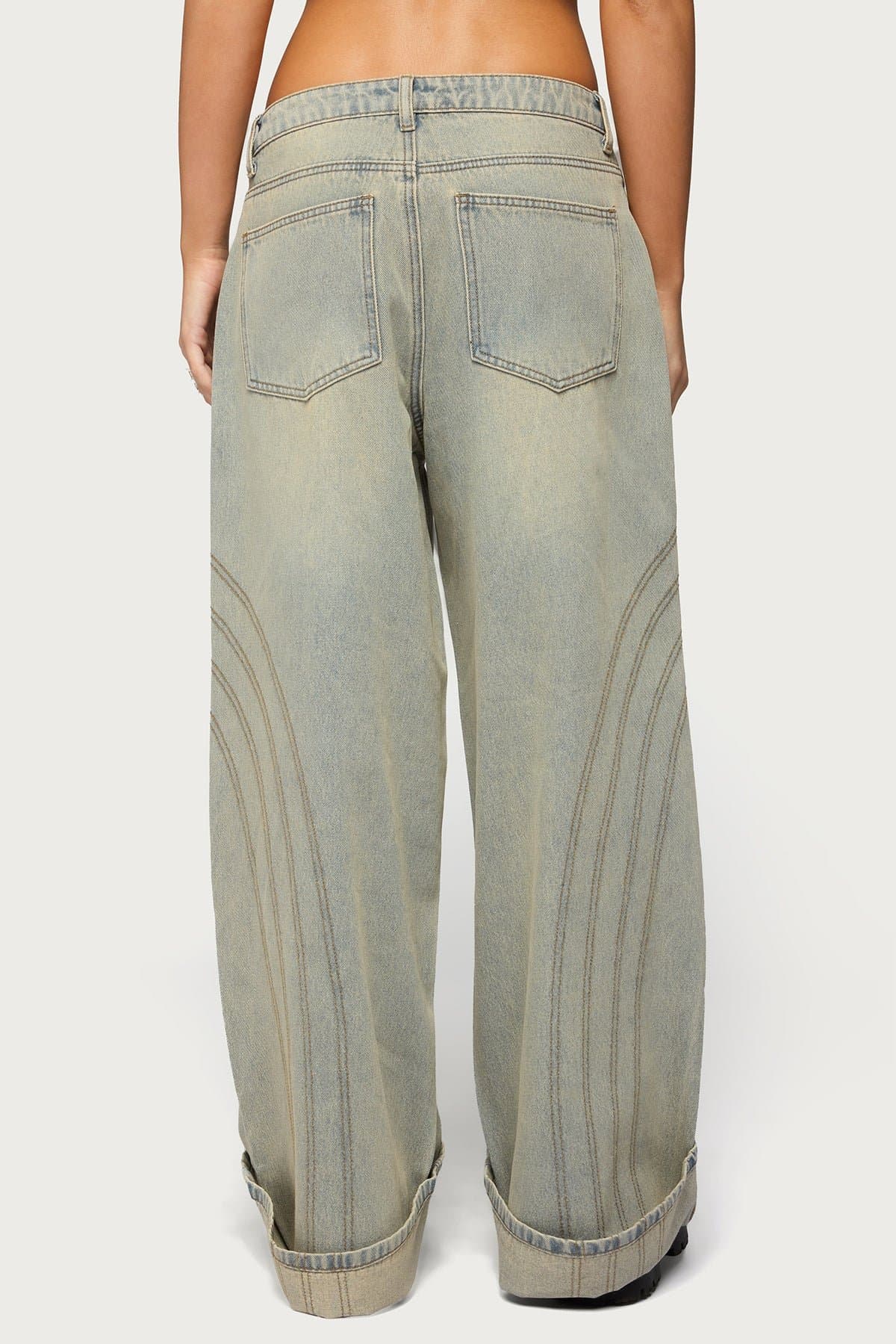 Cuffed Low Rise Baggy Jeans - Rigid 100% Cotton Denim with Stitch Detailing