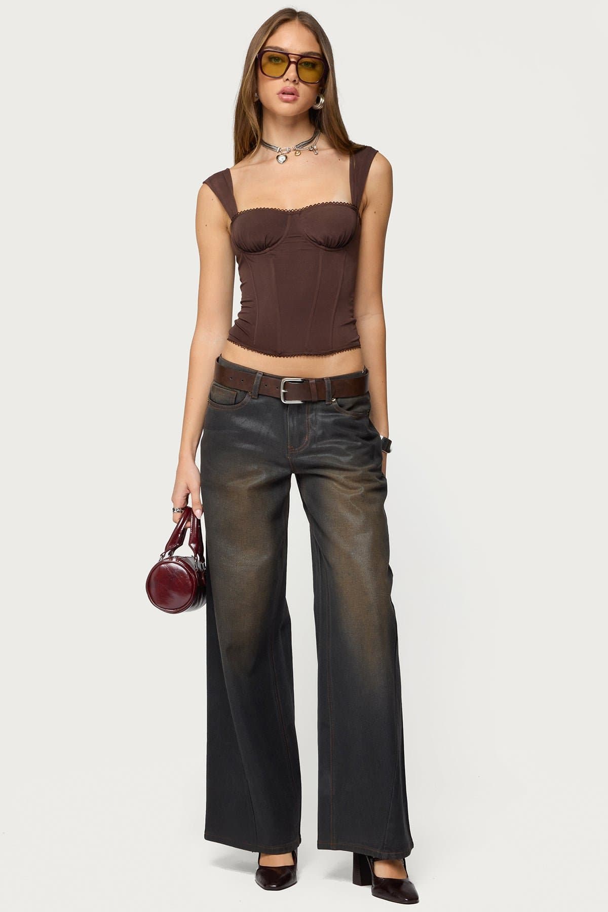 Marcella Wide Strap Corset with Cups Boned Bodice Frill Trim Mesh