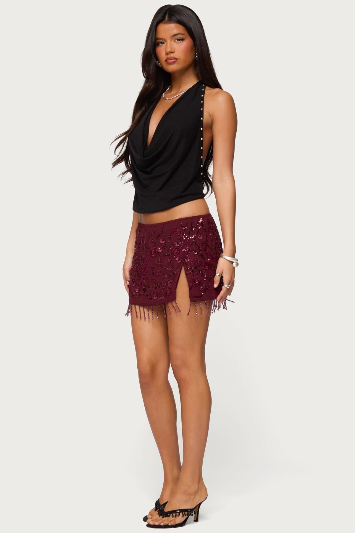 Chiffon Sequin Beaded Fringed Mini Skirt - Floral Detail Side Slit