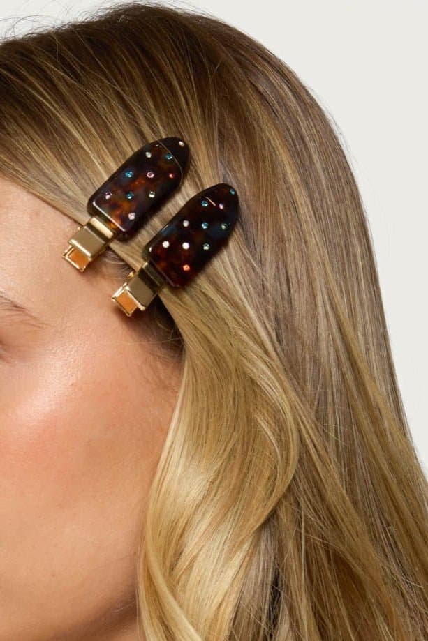 Rhinestone Creaseless Hair Clip Pack - Tortoise Design Gold Tone 2.3 Inch