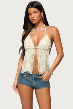 Sequin Lace Split Front Backless Halter Top - Nylon Spandex