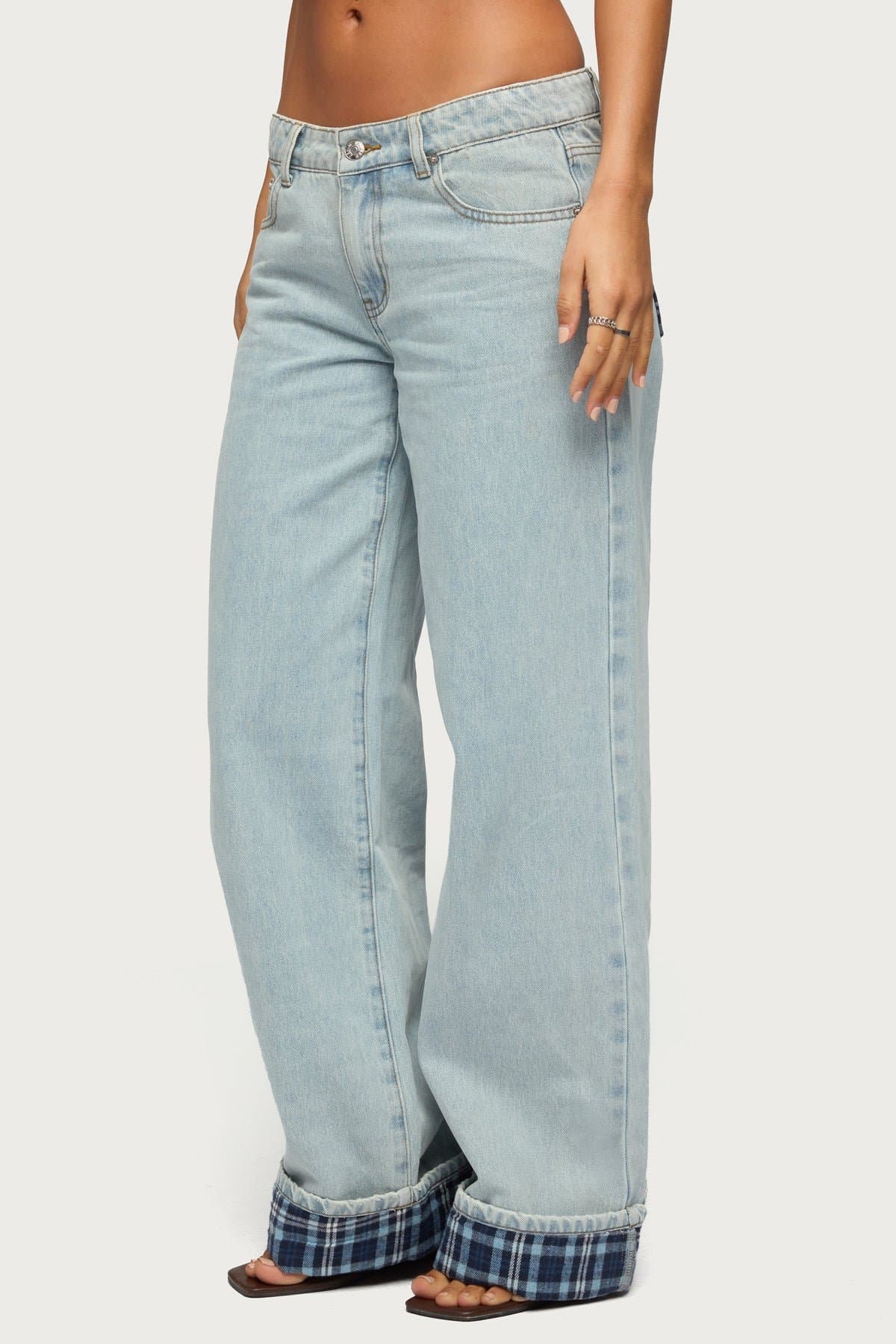 Plaid Cuffed Low Rise Baggy Jeans - Rigid Cotton Polyester Denim