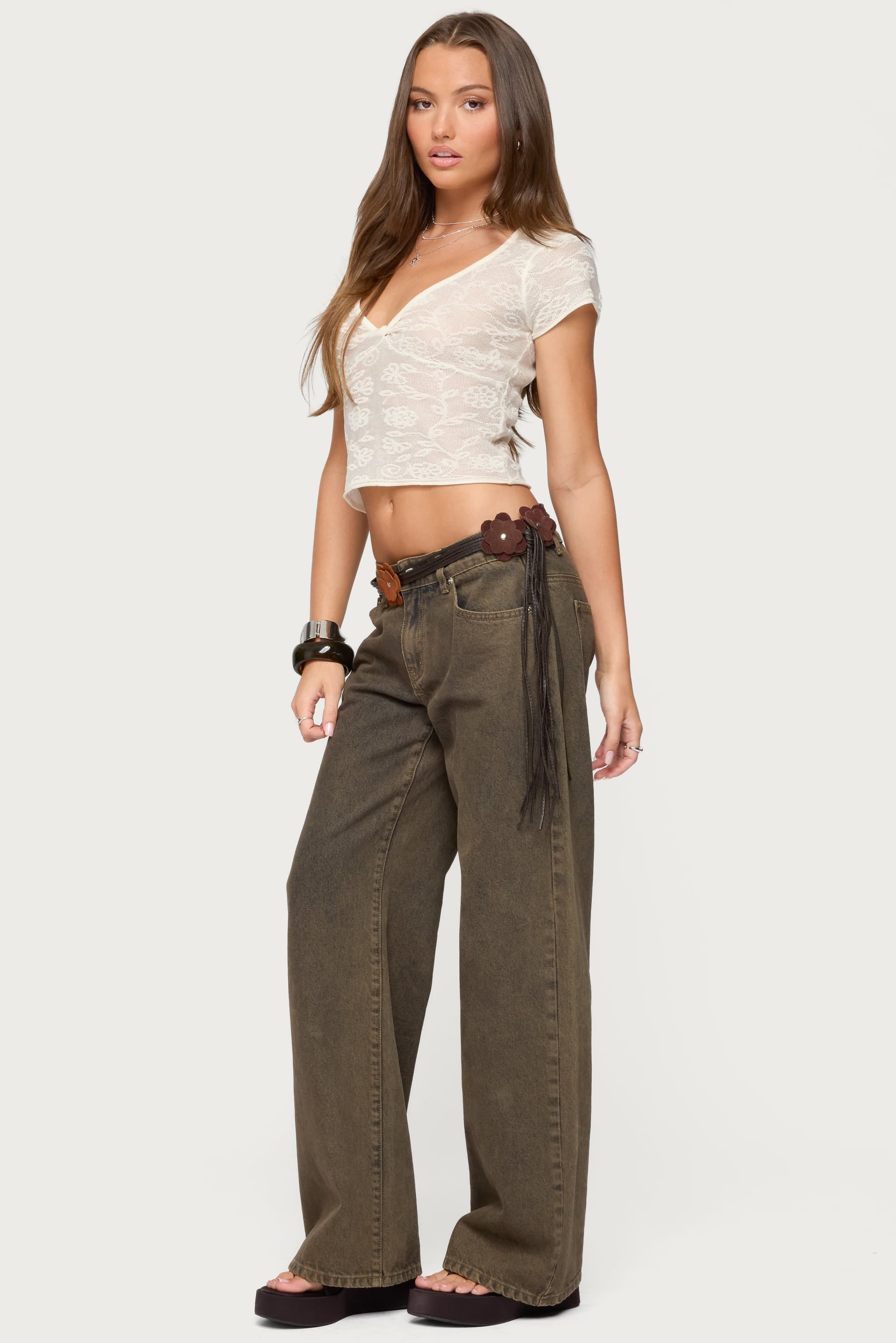 Kristal Twist Front V Neck Lace Top - Rayon Polyamide Polyester