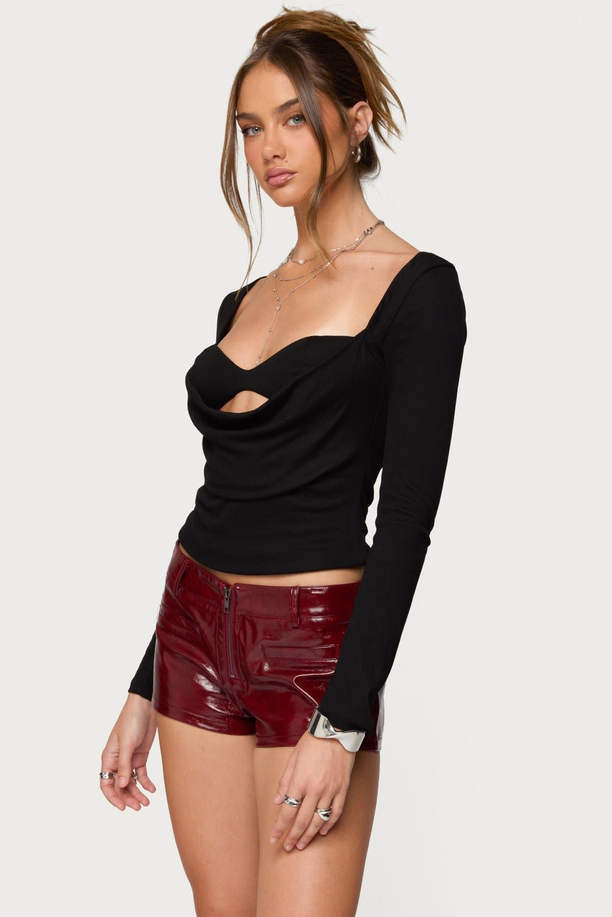 Oaklyn Layered Bra Cowl Neck Long Sleeve Top - Rayon Spandex