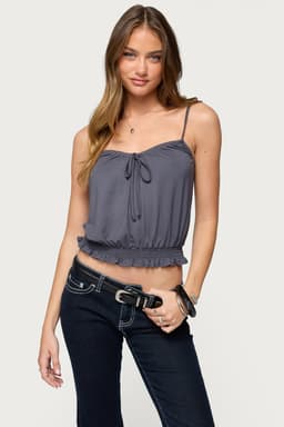 Ripley Tie Front Tank Top with Adjustable Straps, Smocked Waist, Rayon Spandex