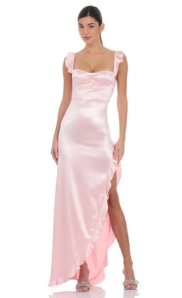 Satin Ruffle Maxi Dress in Pink
