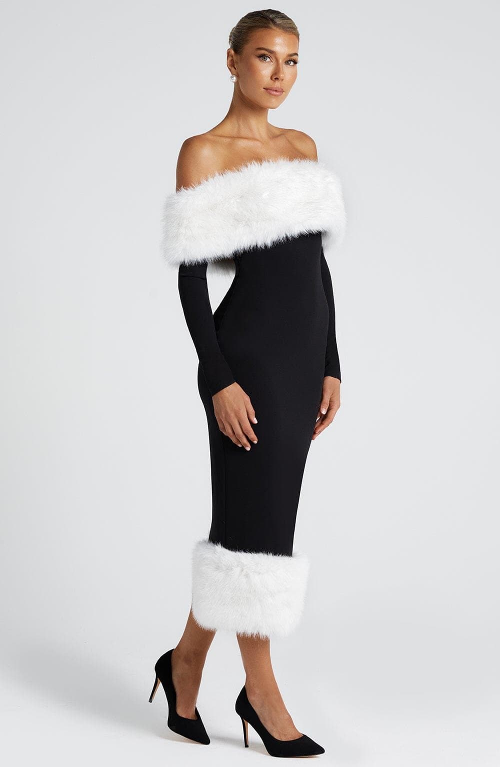 Vittoria Midi Dress Black White Stretch Crepe Bardot Neckline Faux Fur Trim