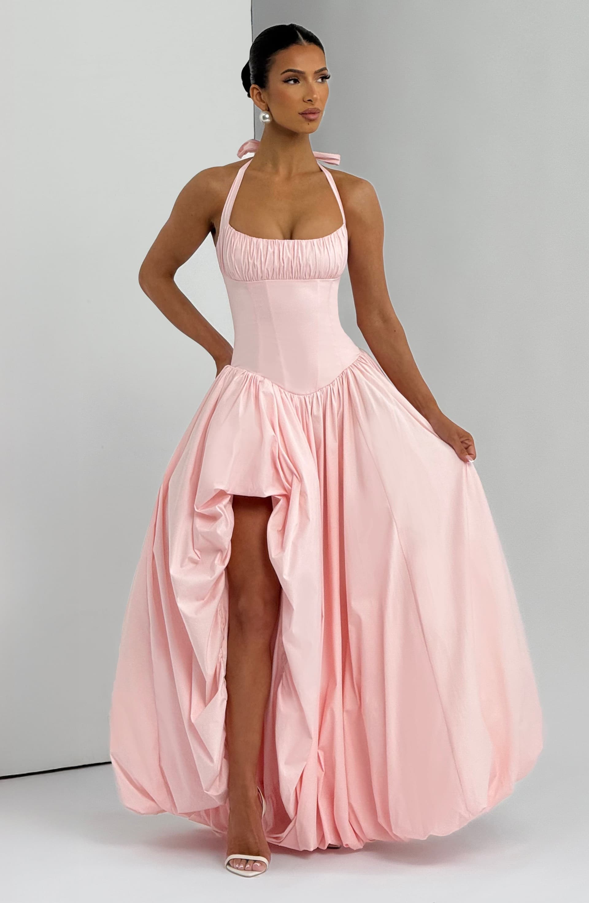 Keira Maxi Dress - Blush Pink Halterneck Lace-Up Back Puffball Skirt