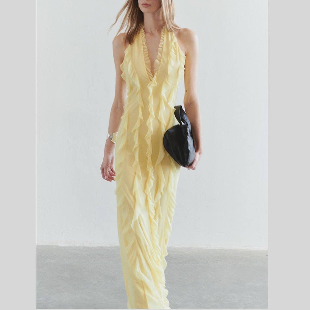 Yellow Ruffle Halter Maxi Dress – Deep V Neck Chiffon Backless Summer Dress XS-L