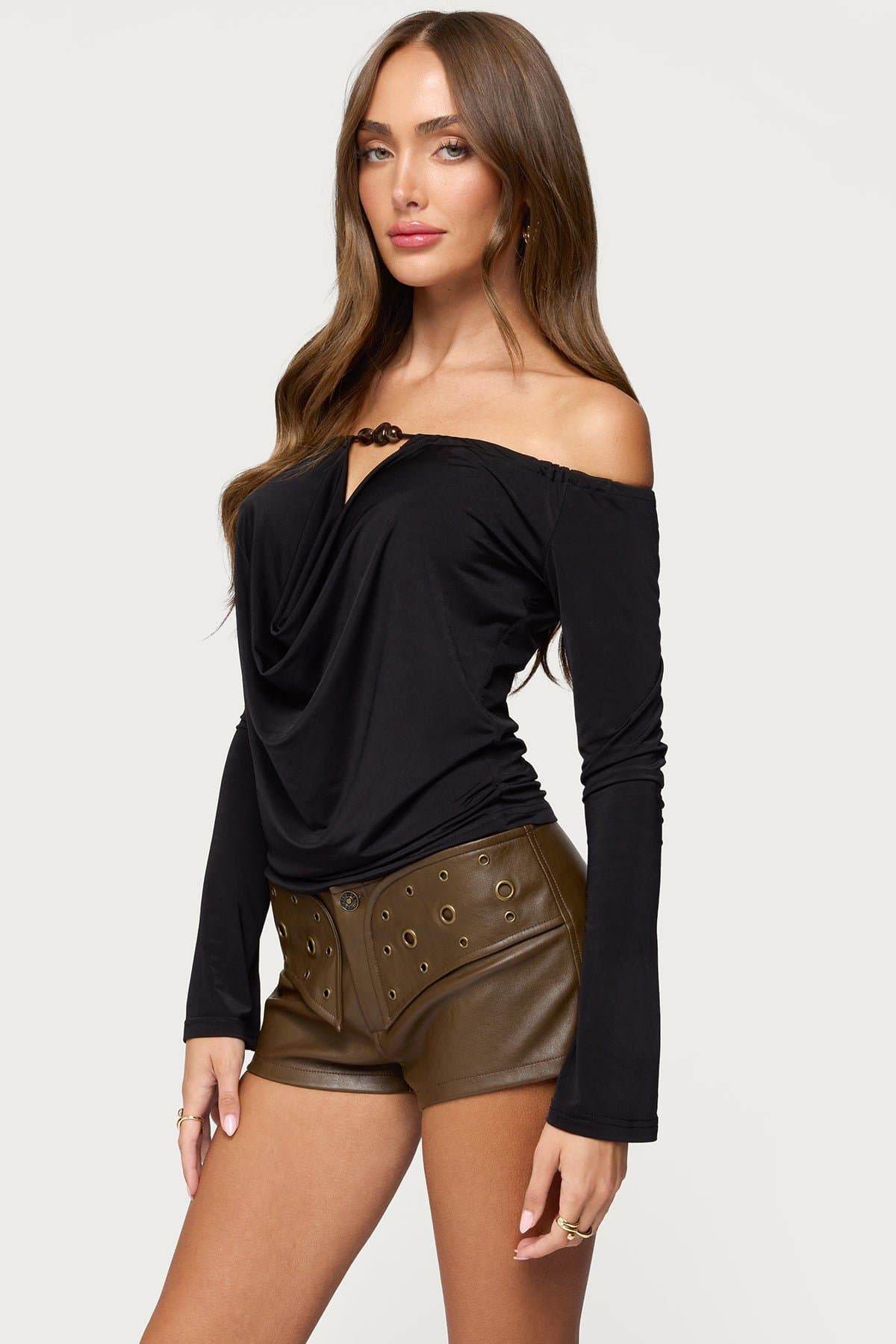 Kezya Draped Off Shoulder Long Sleeve Top - Polyester Spandex with Bead Detailing