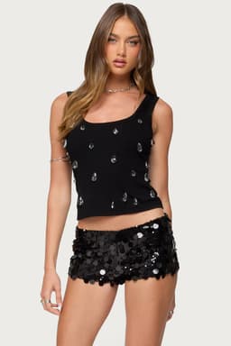 Zelena Faux Crystal Ribbed Tank Top - Square Neck Cotton Spandex