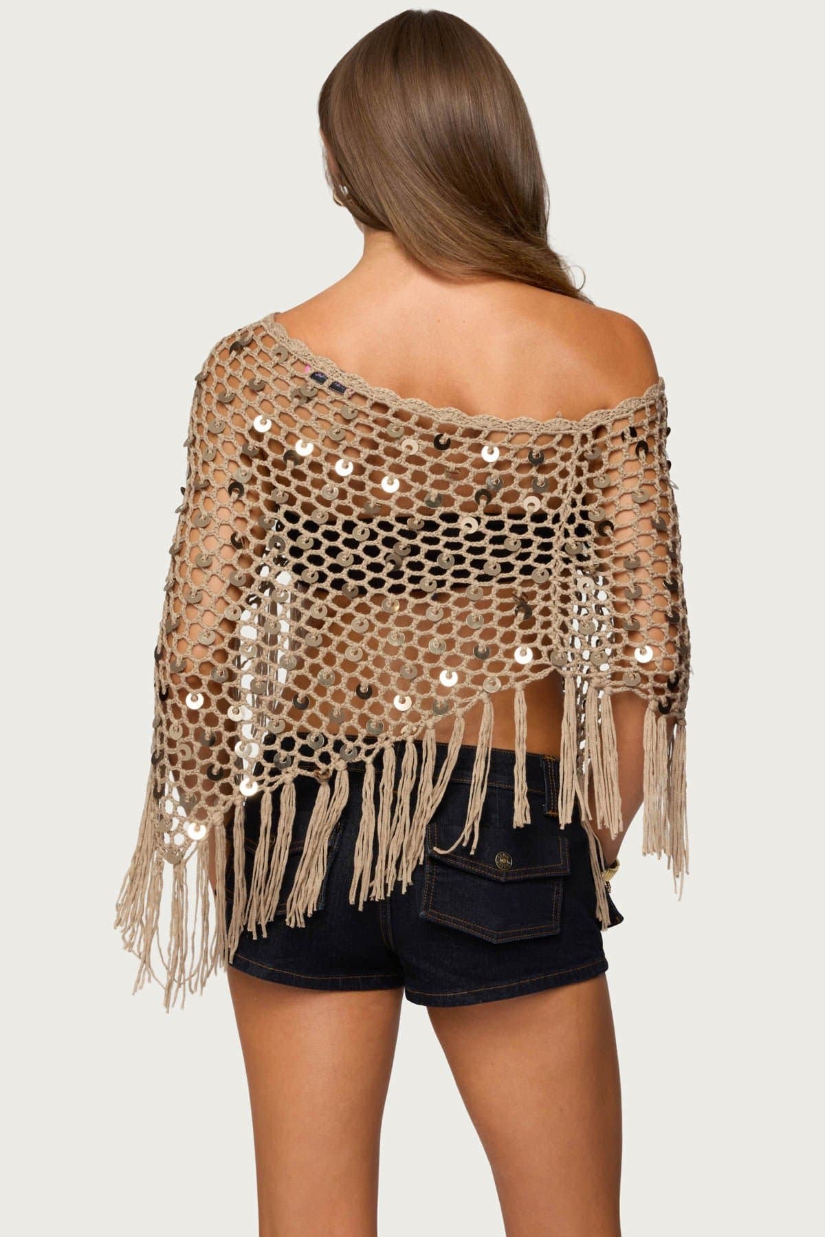 Fringe Sequin Crochet Poncho - Acrylic Fabric