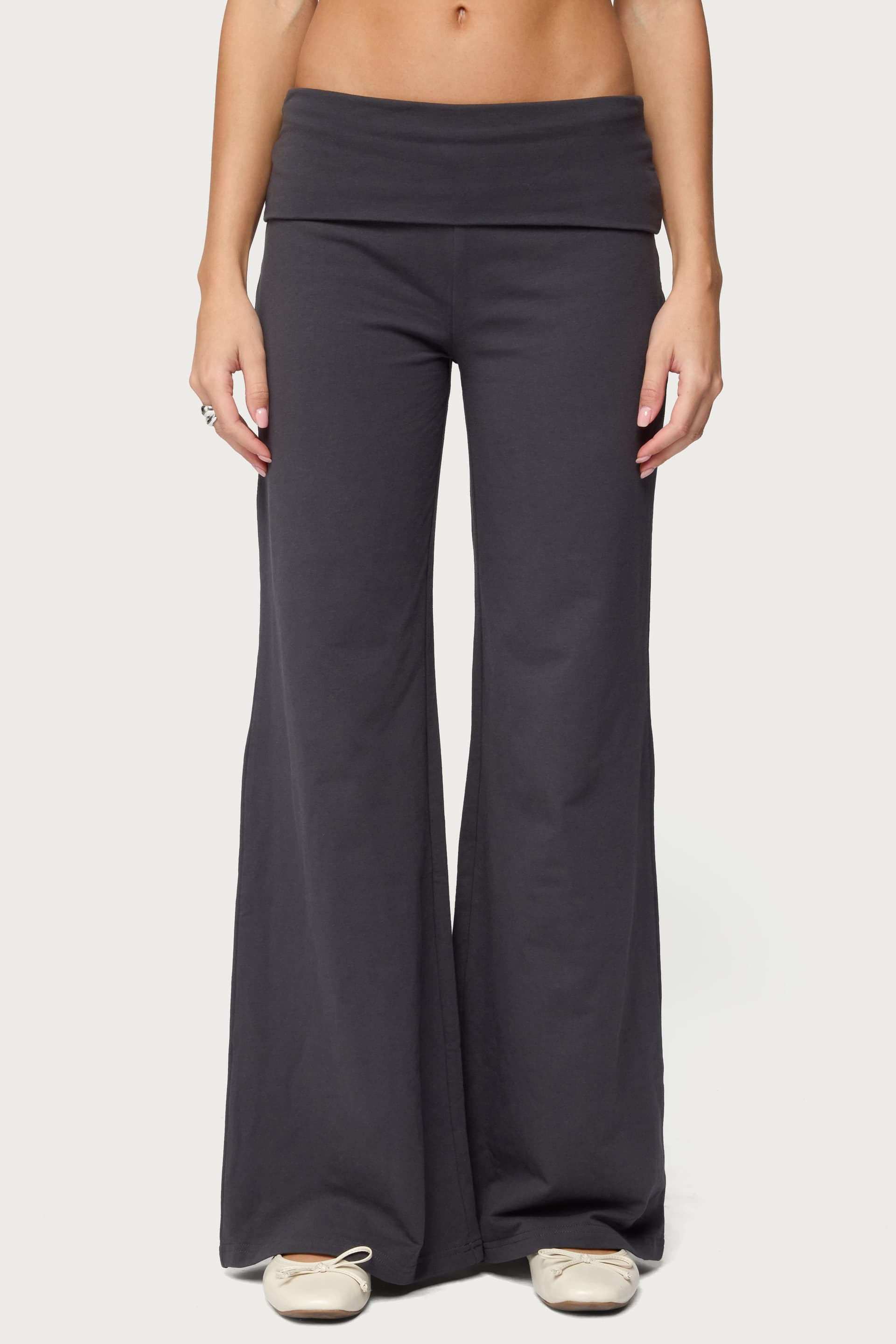Wide Leg Foldover Pants - Cotton Spandex, Size S Inseam 31.1"