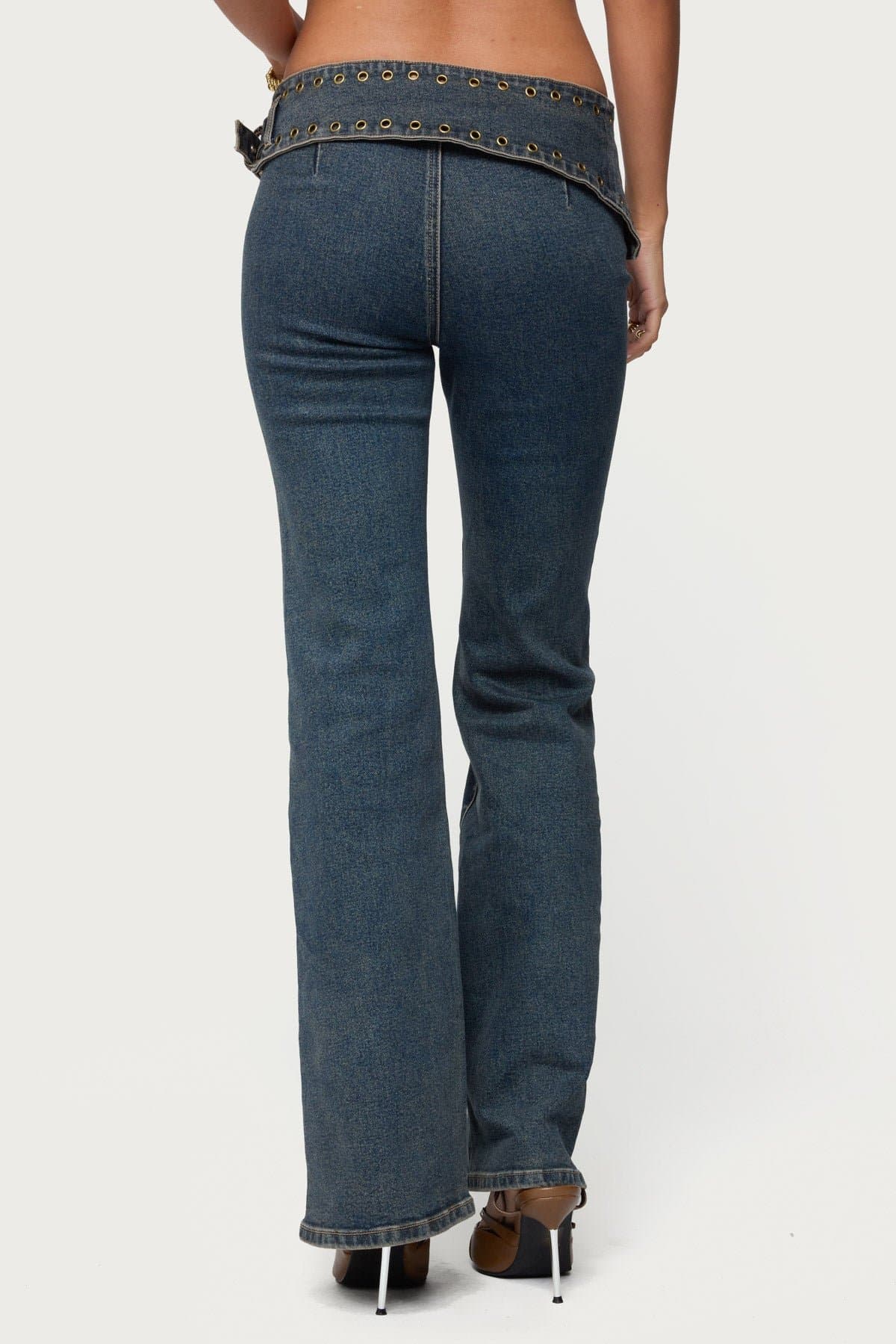 Asymmetric Grommet Belt Low Rise Flared Jeans - Stretch Denim Cotton Polyester Spandex