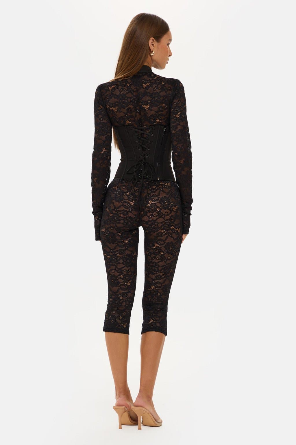 Jagger Long Sleeve Lace Capri Jumpsuit with High Neck and Corset Boning