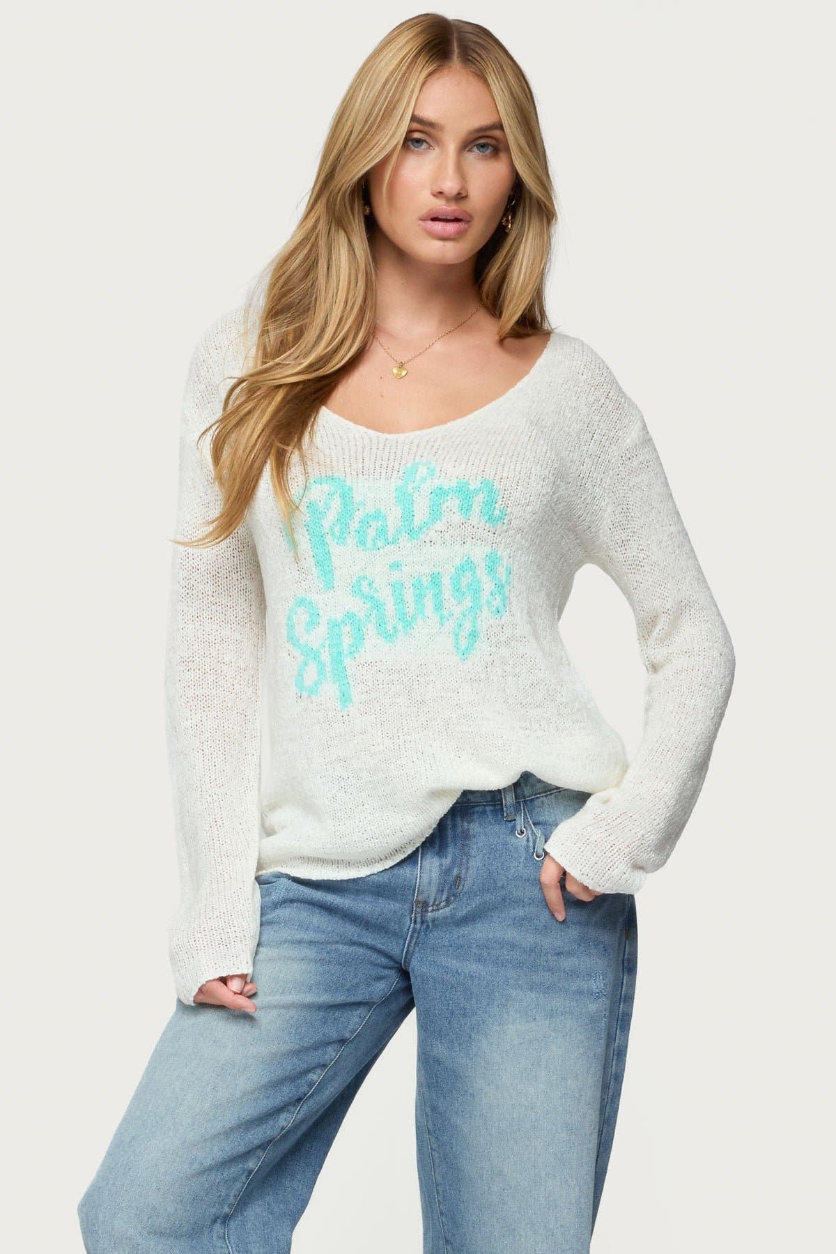 Palm Springs Light Knit V-Neck Sweater - Loose Fit Polyester Rayon Graphic Text