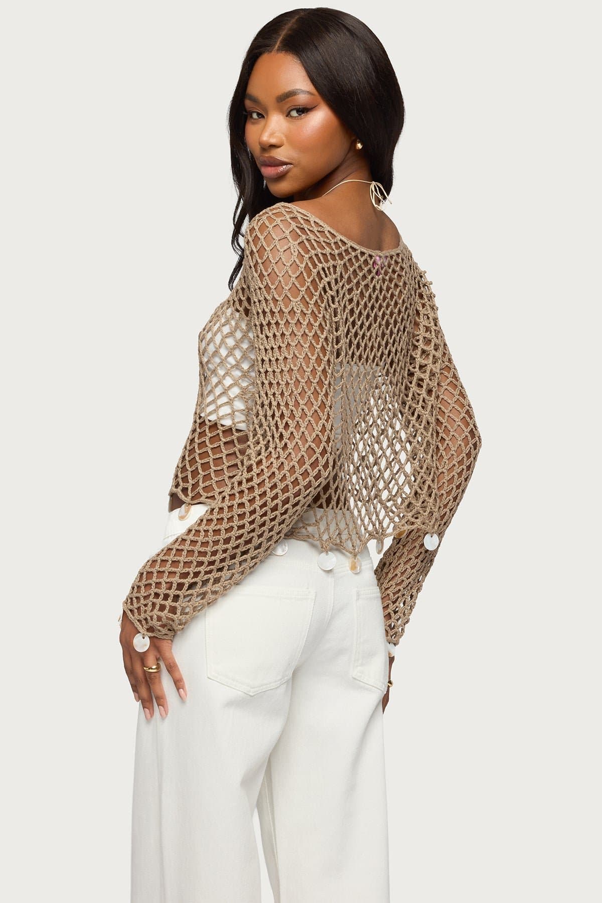 Macarena Crochet Charm Top - Long Sleeve Boat Neck Acrylic Knit