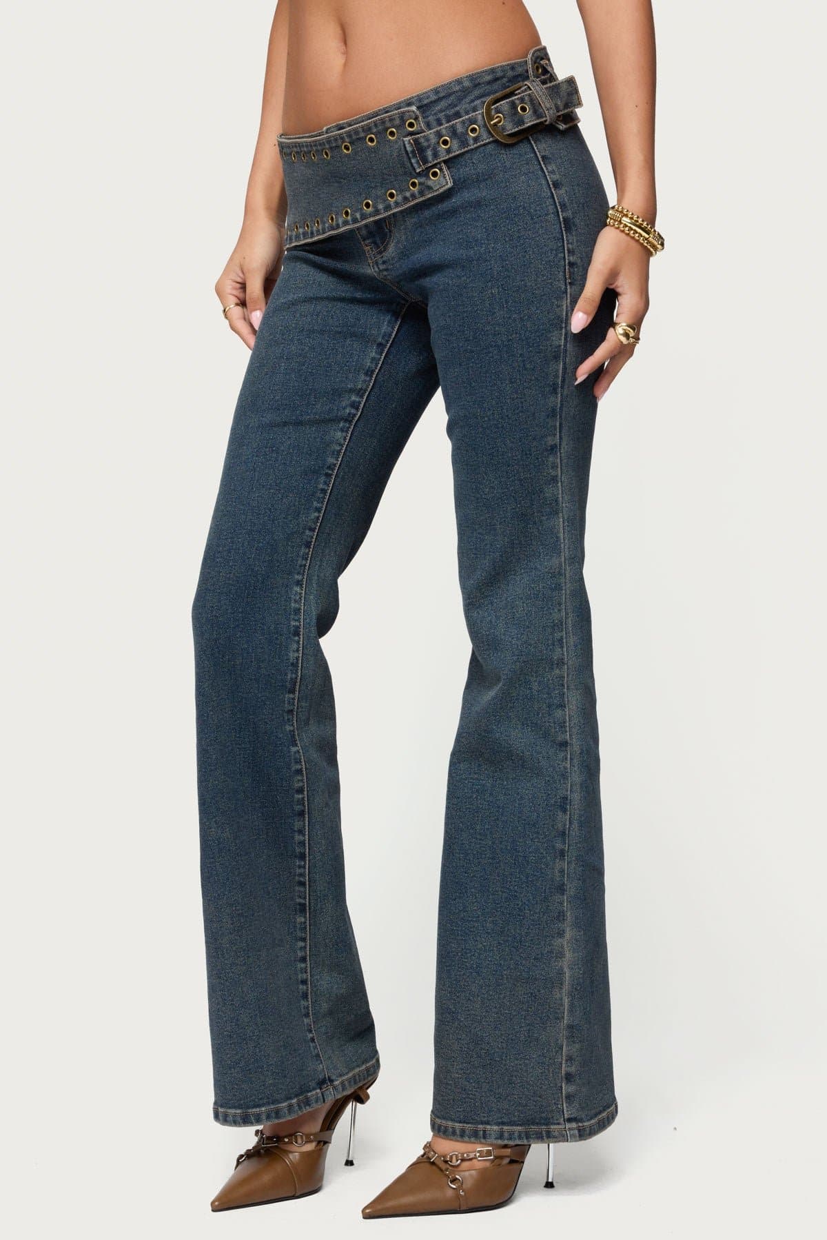 Asymmetric Grommet Belt Low Rise Flared Jeans - Stretch Denim Cotton Polyester Spandex