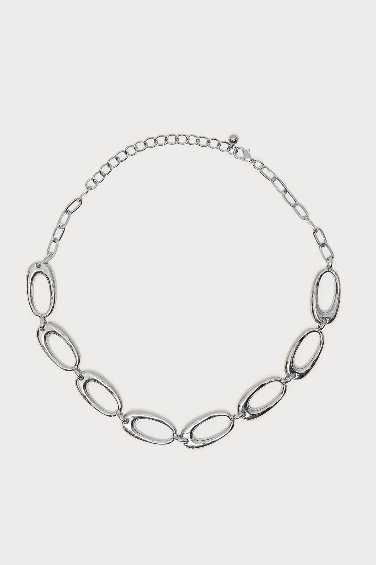 Oval Chain Necklace Silver Tone Metal 13.8 Inch Length