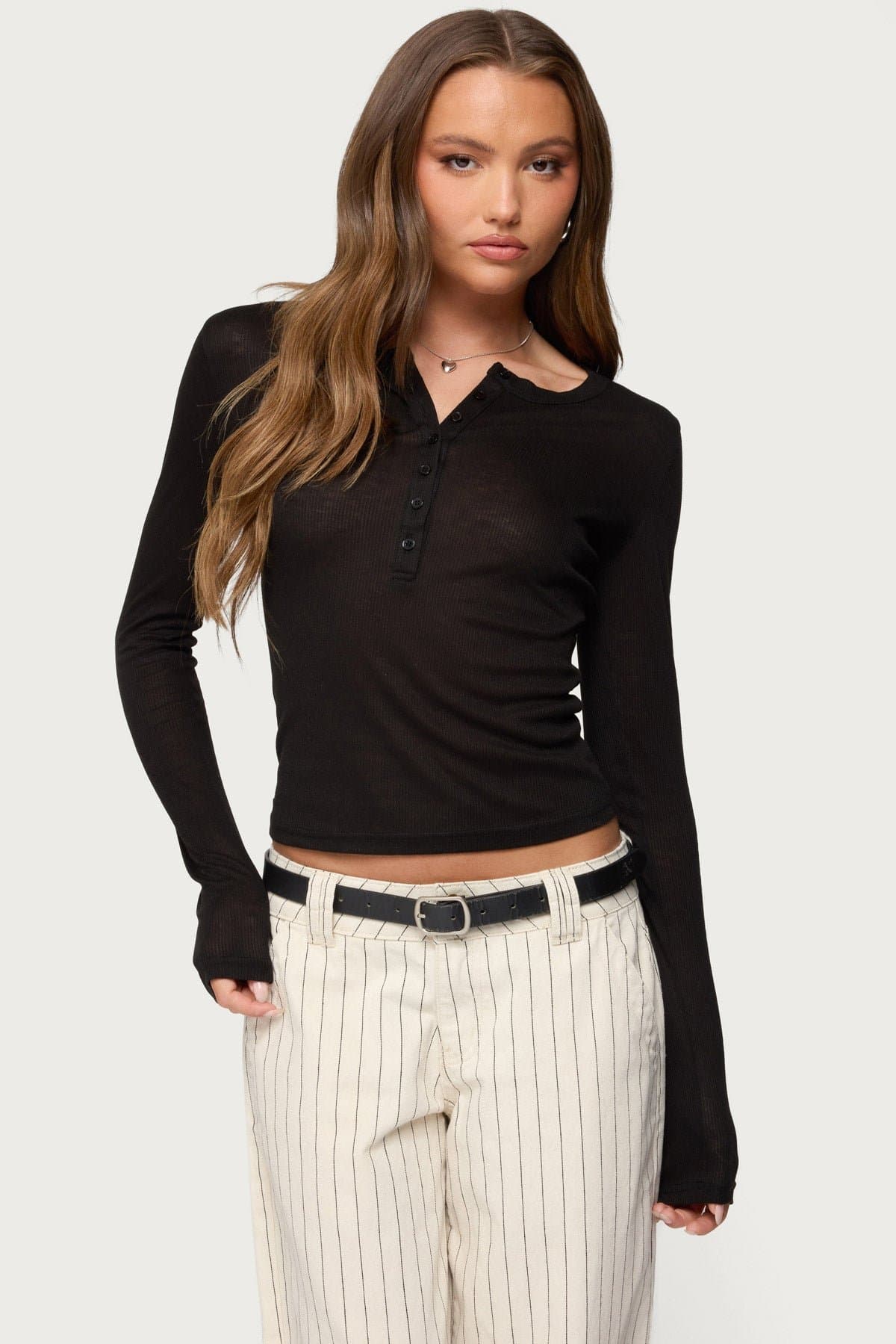 Nettie Ribbed Henley Top - Long Sleeve Rayon Polyester Women's Shirt