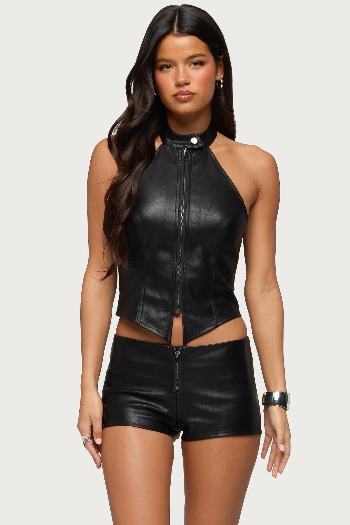 Diana Zip Up Faux Leather Halter Top - Black Polyurethane Polyester High Neckline