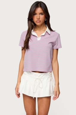 Lennie Striped Polo Top - Short Sleeve Cotton Polyester Spandex Shirt with Contrast Collar