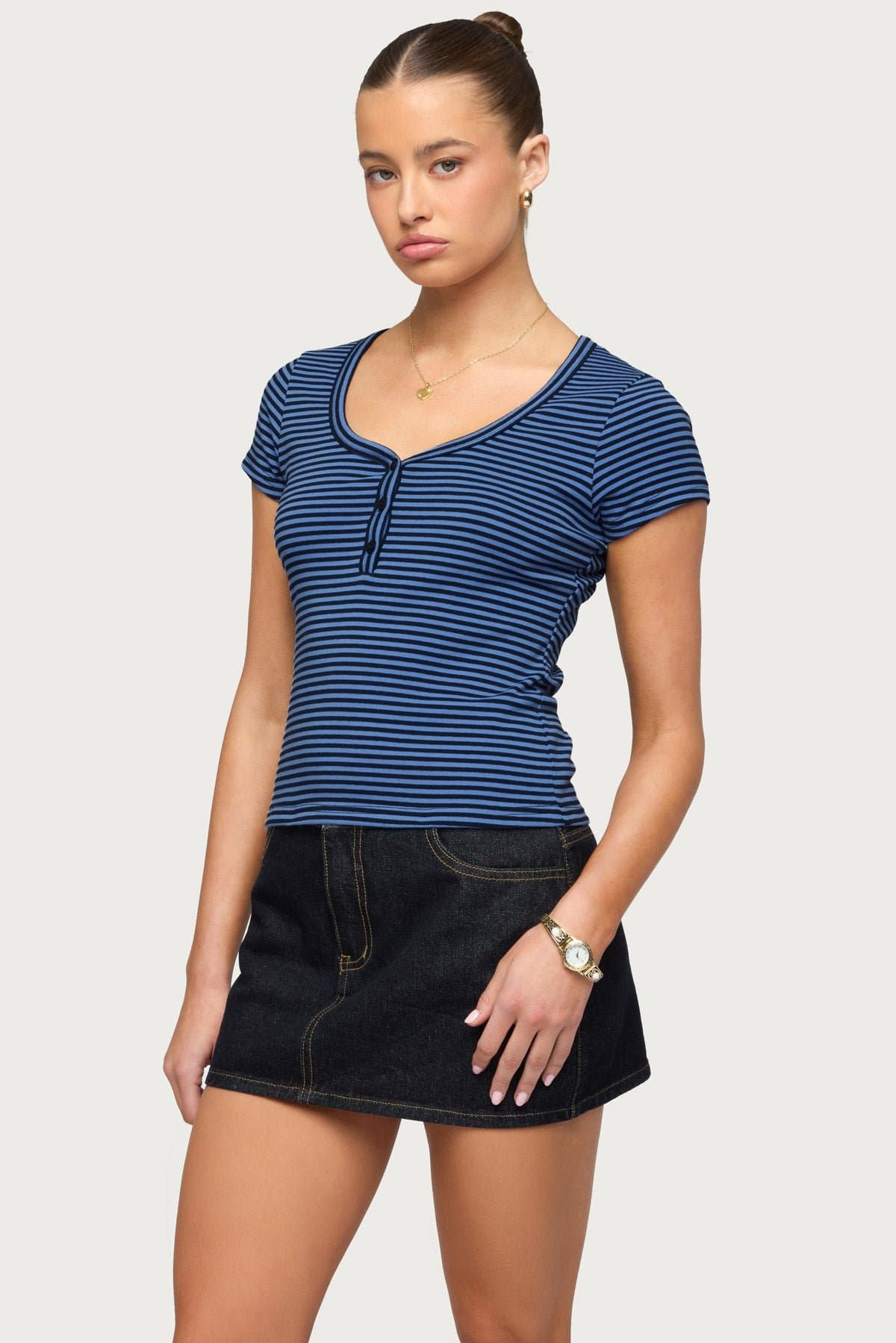 Kady Striped Henley T-Shirt - Cotton Spandex Unisex