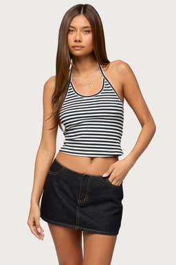 Velma Striped Ribbed Halter Top - Cotton Spandex, Neck Tie Closure