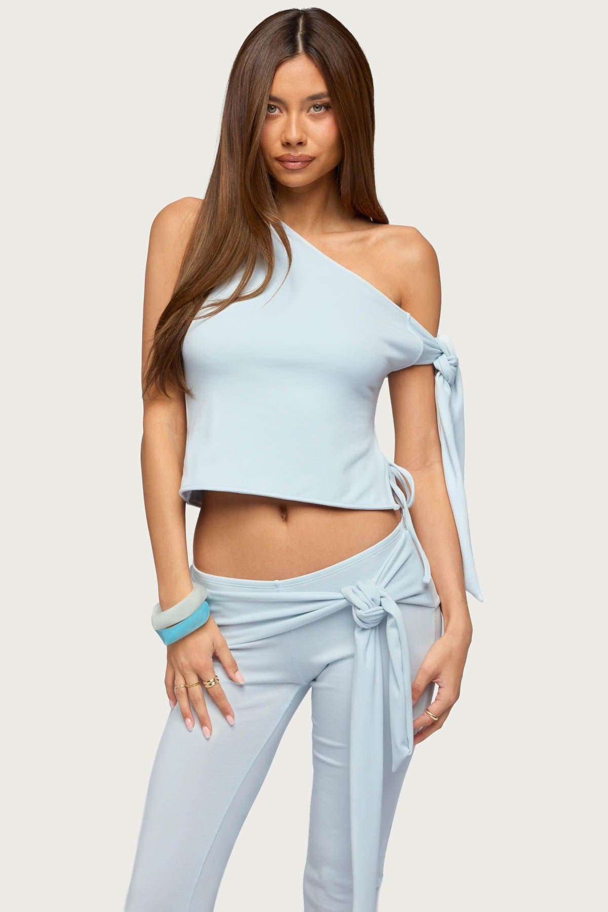 Adara Tied One Shoulder Top - Off Shoulder Side Tie Cotton Polyester Blend