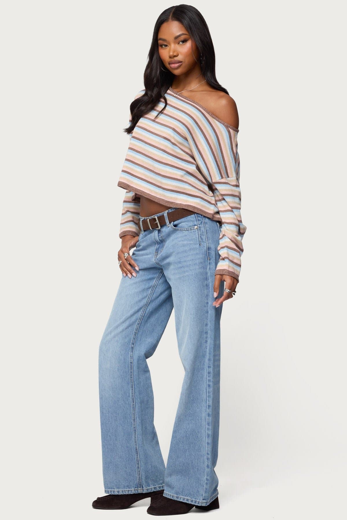 Alexis Off Shoulder Striped Knit Top - Long Sleeve Oversized Polyester Metallic Fit