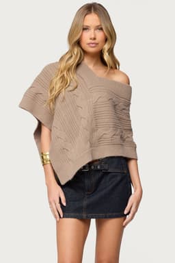 Vickey Cable Knit Poncho - V-Neck Acrylic Polyester Nylon Sweater